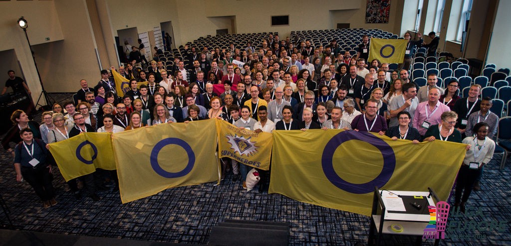Intersex flags at the ILGA-Europe’s Annual Conference in Prague 2019.