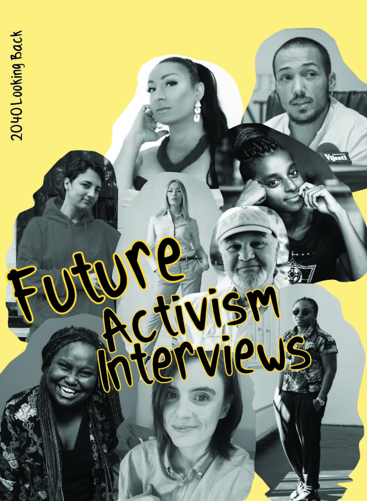 A collage of black and white portraits of nine LGBTI activists on a yellow background and the zine's title